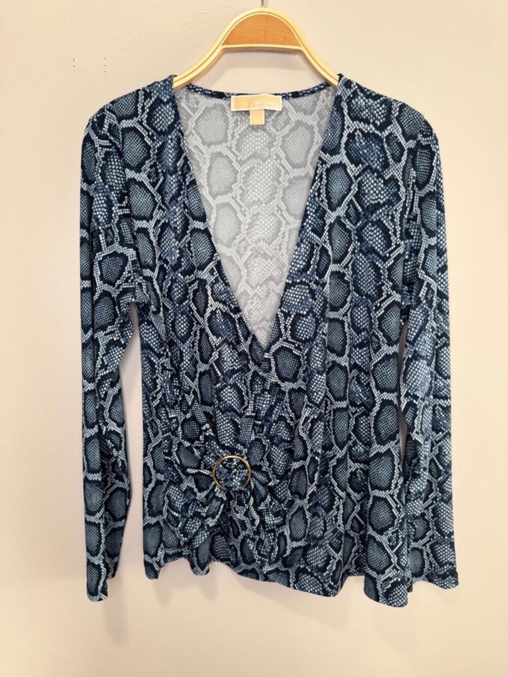 Michael Kors Blue Snakeskin Wrap Top Large Business Casual